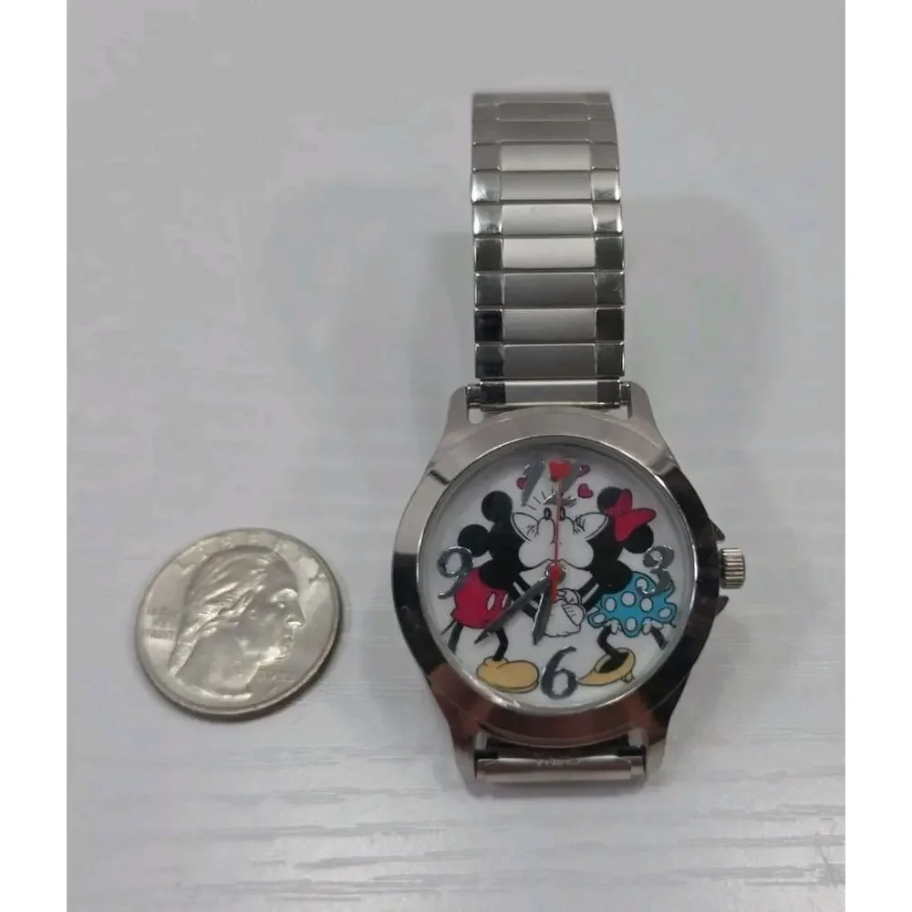 Disney Mickey & Minnie Mouse Kissing Silver Tone Stretch Band Watch New Battery